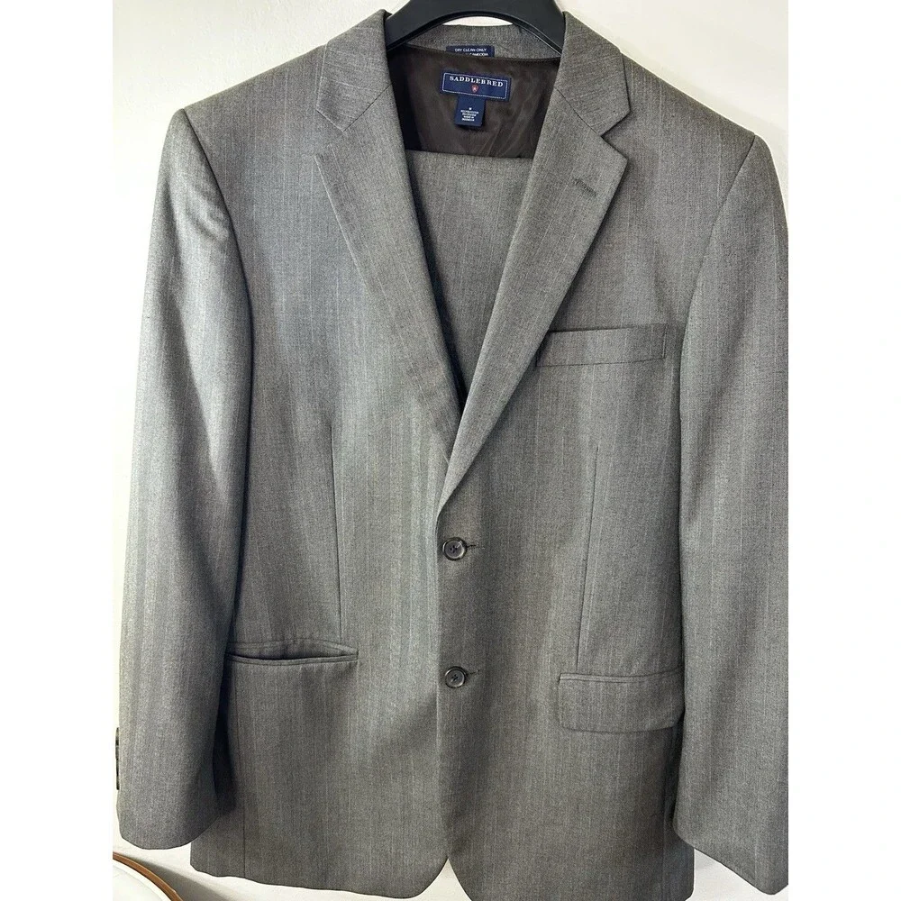 Saddlebred Brown Gray Herringbone 3-Piece Suit 42L Single-Breasted Pants 34x32